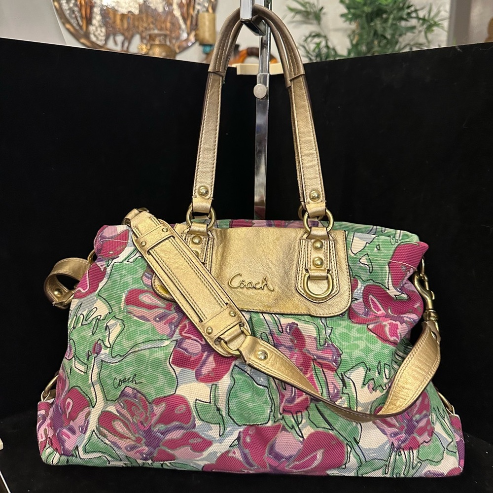 Coach Ashley 2011 Pink & Green Floral Canvas Tote with Gold Leather Accents